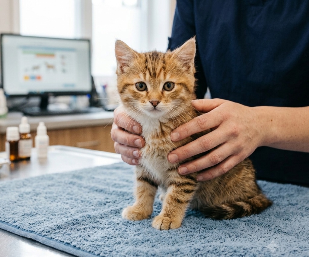 Vétérinaire examinant un chaton en consultation à la clinique Sancéa Vet, Saint-Julien-les-Villas près de Troyes